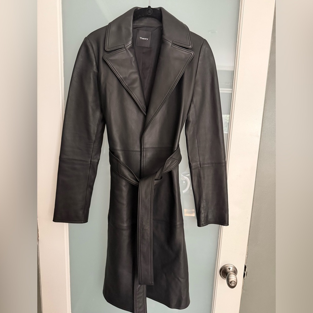 Theory Black Leather Napa Belted Trench Coat